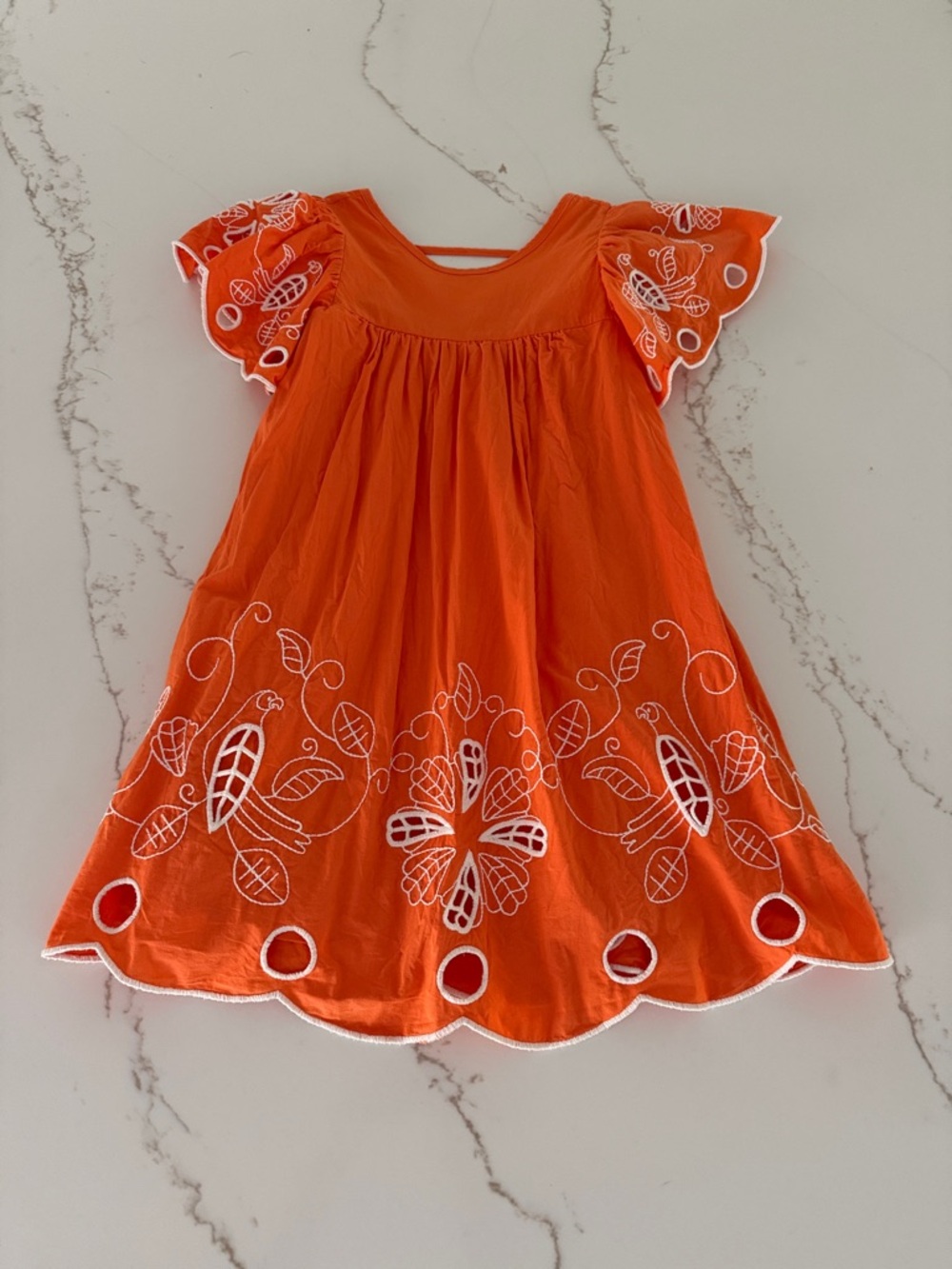 Girls Orange Embroidered Flutter-Sleeve Cotton Dress